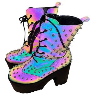 SPIKED PLATFORM ANKLE BOOTS - MULTI HOLO REFLECTIVE - SIZE 7